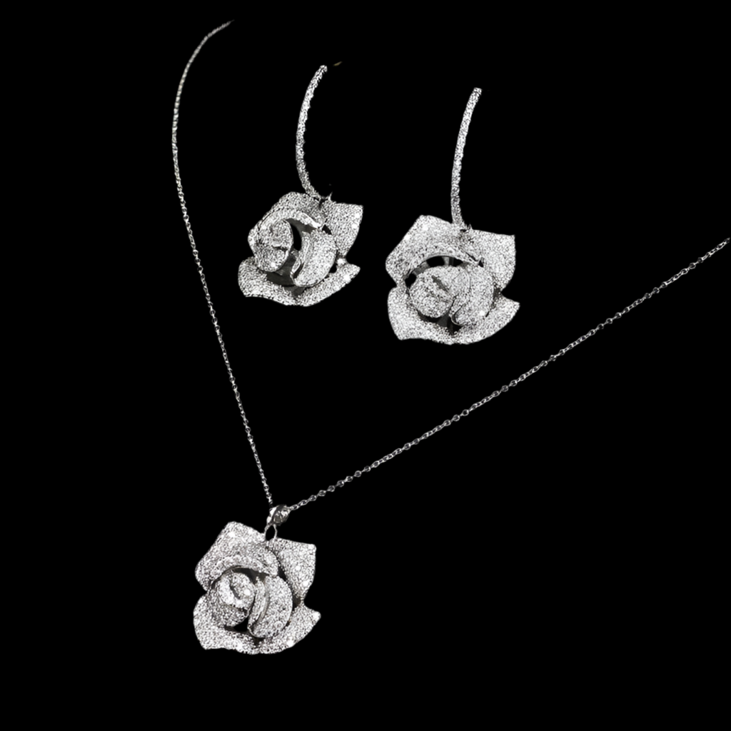 SET 2 PIEZAS PLATEADO FLOR GRANDE CRISTALES