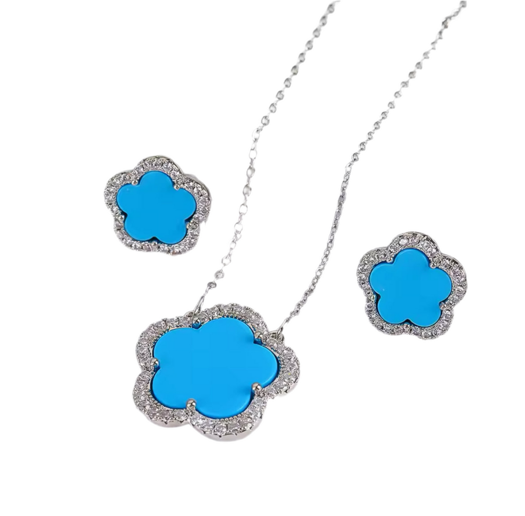 Set 2 piezas plateado trébol turquesa cristal