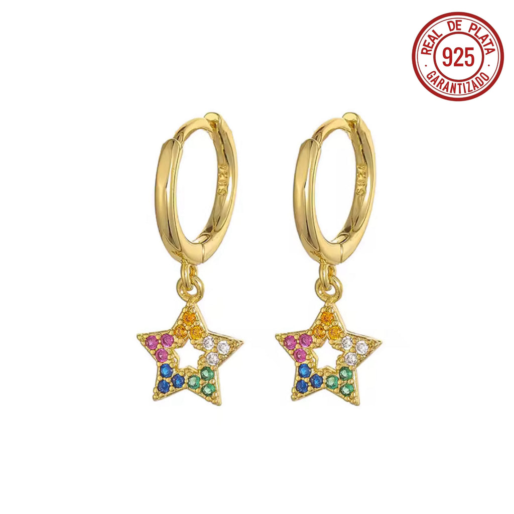 ARRACADAS PEQUEÑAS DORADAS ESTRELLA MULTICOLOR CRISTAL