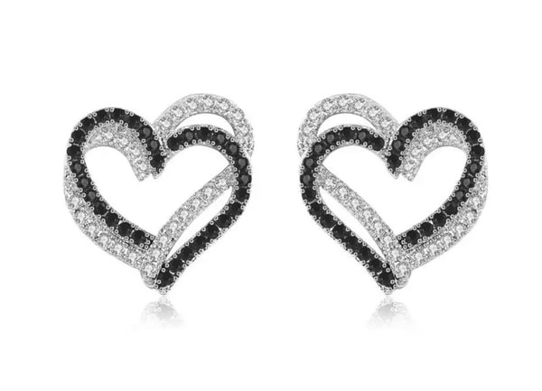 Aretes Plateados Corazón Negro y Plateado Cristal Plata 925