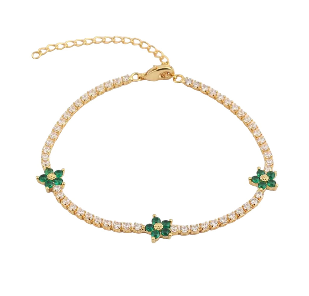 PULSERA DORADA TENIS FLORES VERDES CRISTAL