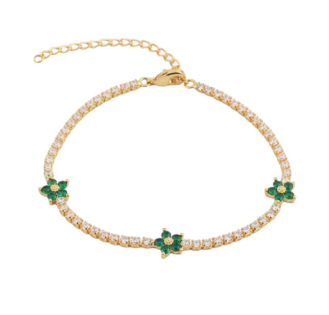 PULSERA DORADA TENIS FLORES VERDES CRISTAL