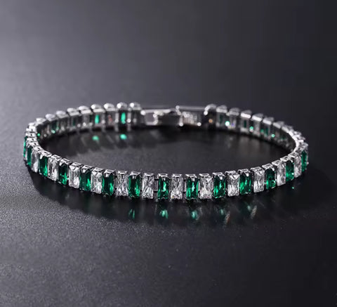 PULSERA  PLATEADA BAGUETTE CRISTAL VERDE