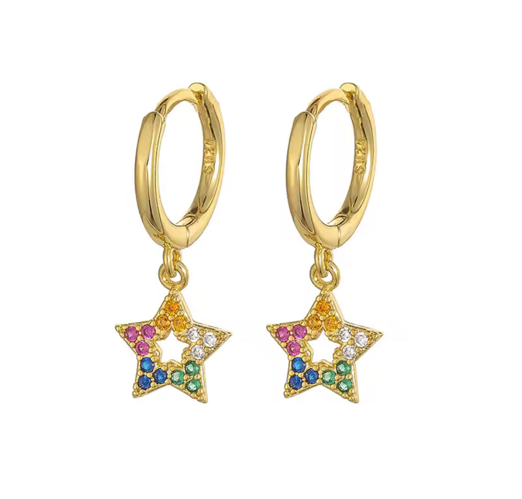 ARRACADA dorada estrella colgante multicolor PLATA 925