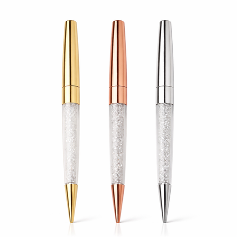 PLUMA CRISTALES, COLORES: ORO ROSA, DORADA Y PLATEADA