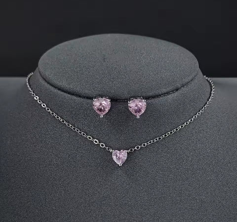 Set Niña 2 piezas plateado corazón mini cristal rosa plata 925