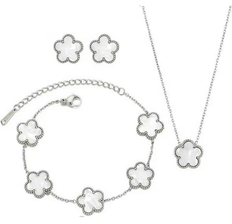 SET 3 PIEZAS PLATEADO TRÉBOL  BLANCO