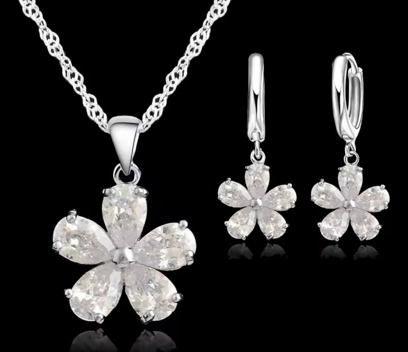 SET NIÑA 2 PIEZAS PLATEADO FLOR COLGANTE CRISTAL PLATA 925