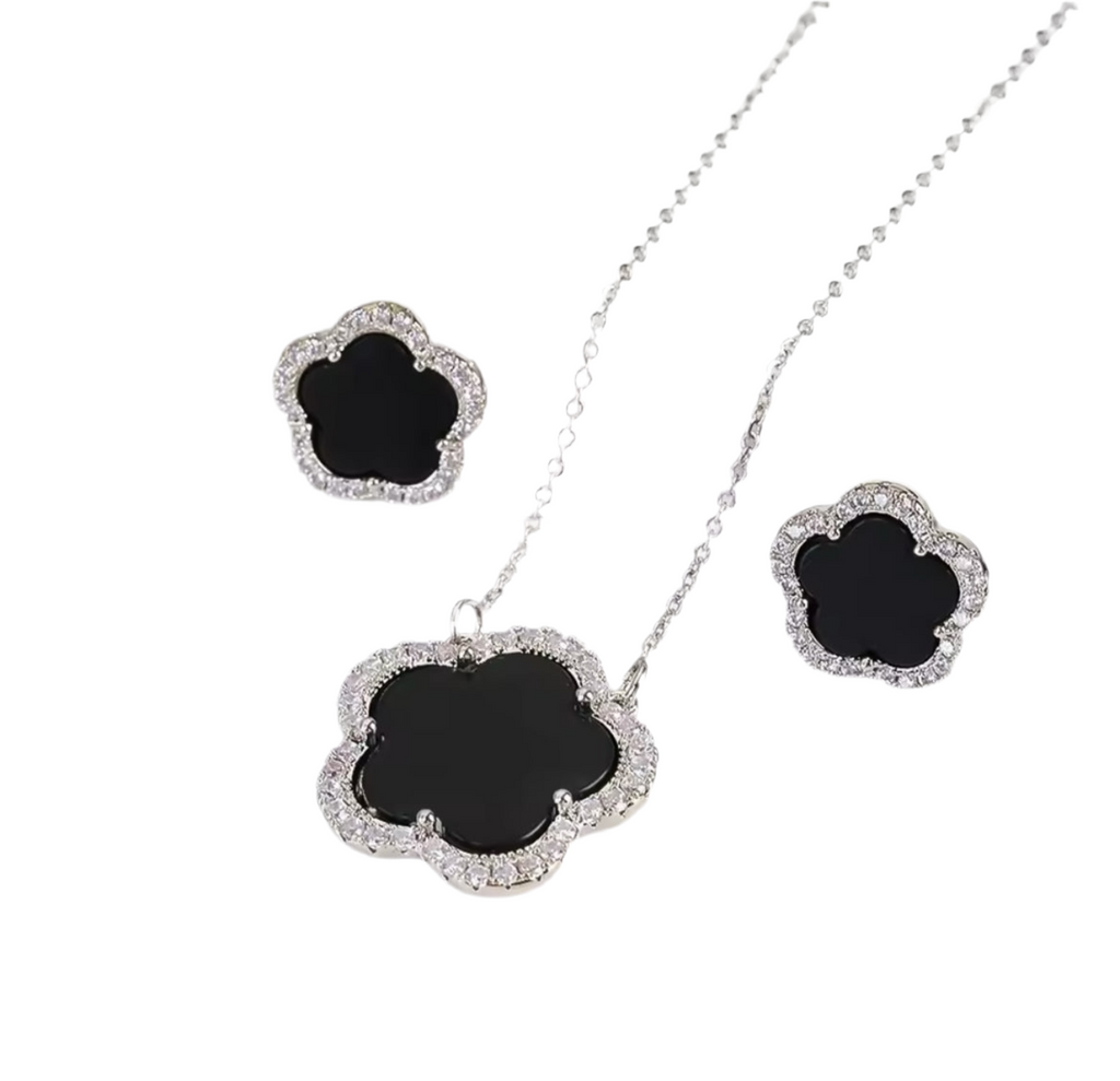 Set 2 piezas plateado Trébol negro cristales