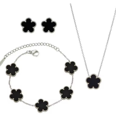 SET 3 PIEZAS PLATEADO TRÉBOL NEGRO