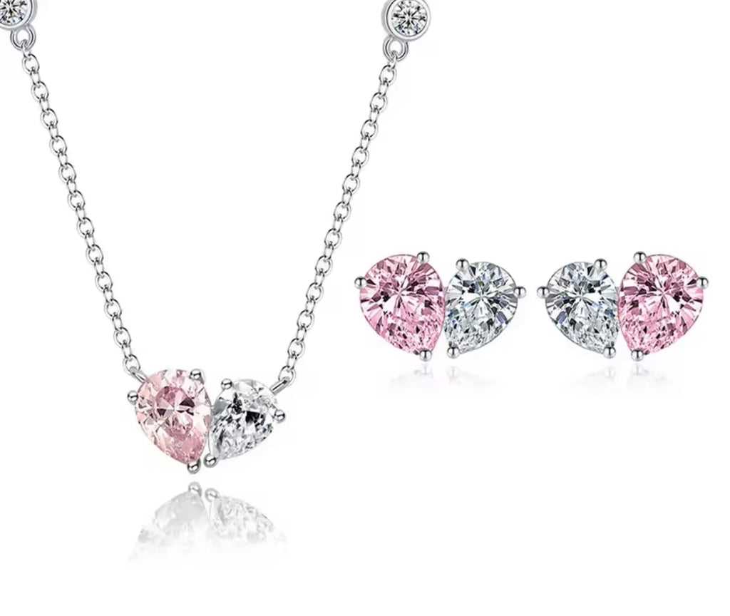 SET PLATEADO 2 PIEZAS CORAZÓN CRISTAL ROSA