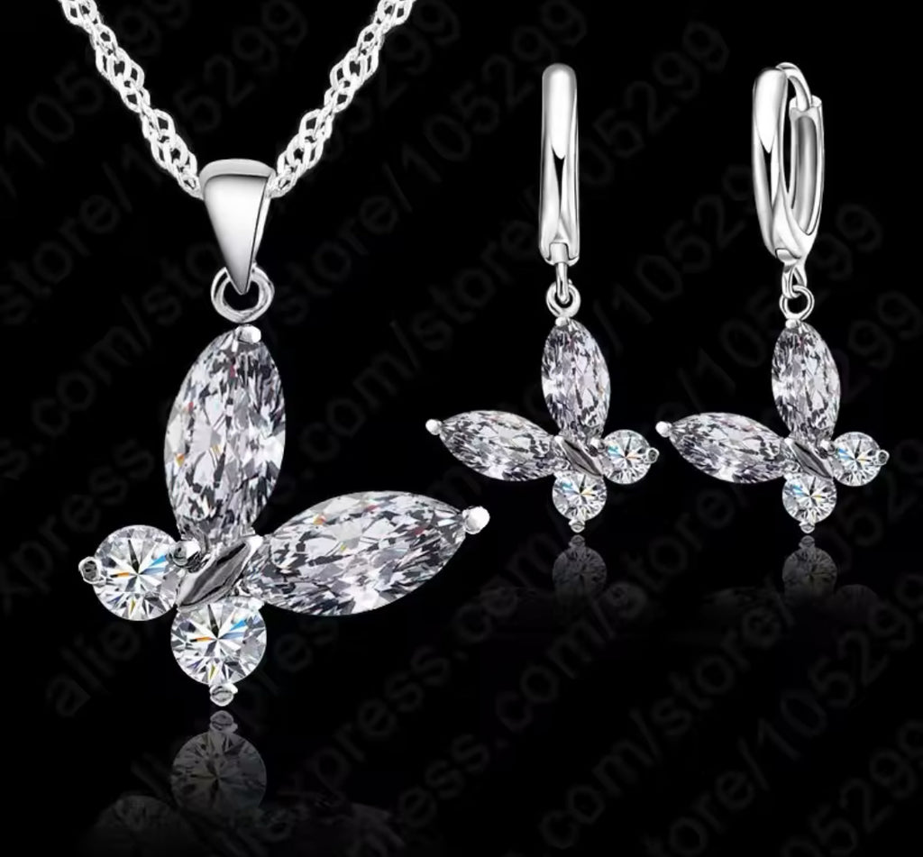 SET NIÑA 2 PIEZAS PLATEADO MARIPOSA COLGANTE CRISTAL PLATA 925