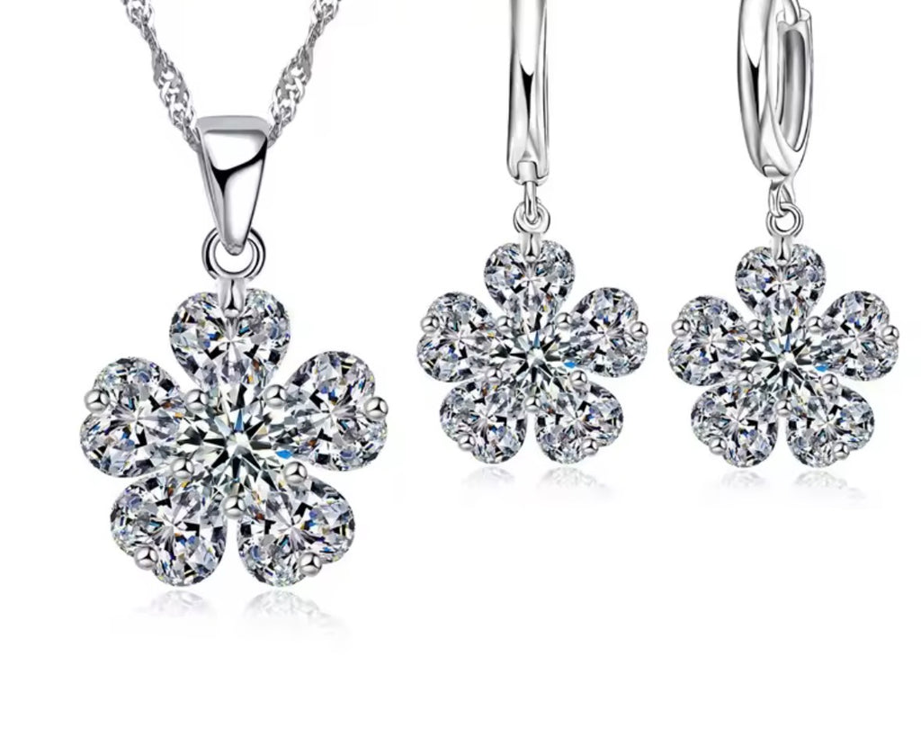 SET NIÑA 2 PIEZAS PLATEADO FLOR CRISTAL PLATA 925