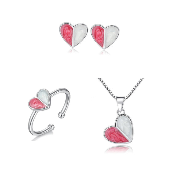 Set Niña 3 Piezas Corazón Rosa / Blanco Plata 925