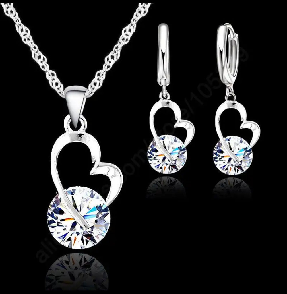 SET NIÑA 2 PIEZAS PLATEADO Corazón Ruedita Cristal PLATA 925