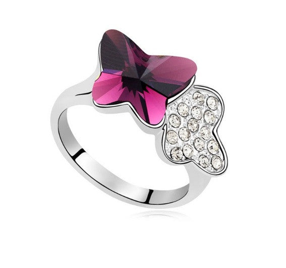 Anillo Plateado Mariposas Cristal, Tallas: 6, 7 y 7.5