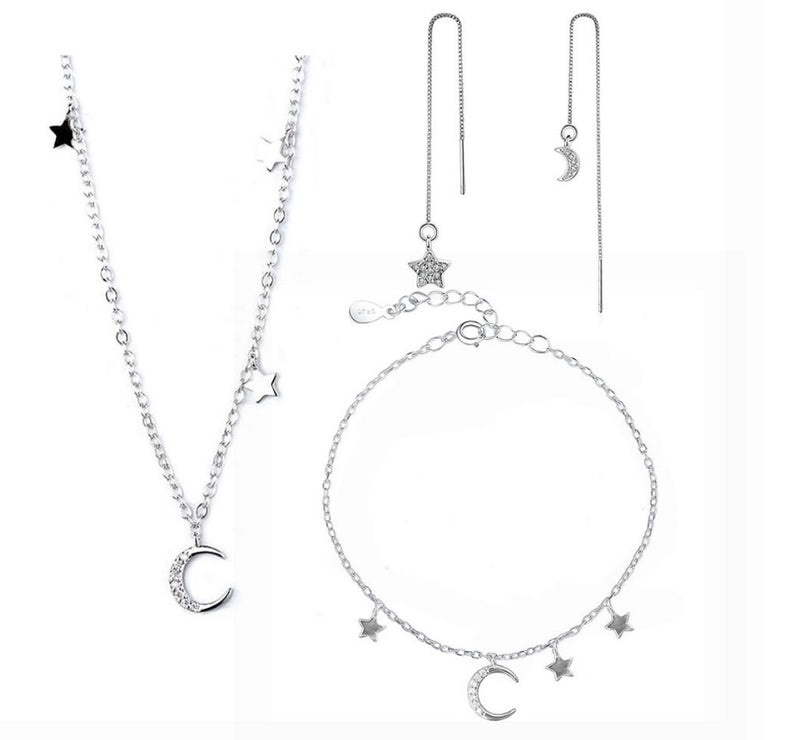 Set 3 Piezas PLATEADO Luna y Estrellas PLATA 925