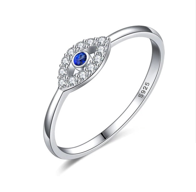 Anillo Plateado Ojo Mini Rombo Cristal, Plata 925, Tallas: 7 y 8