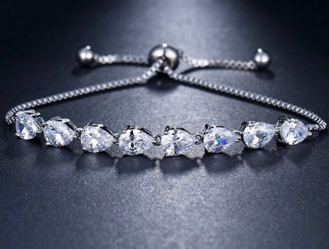 Pulsera Plateada Ajustable Gotas Cristal