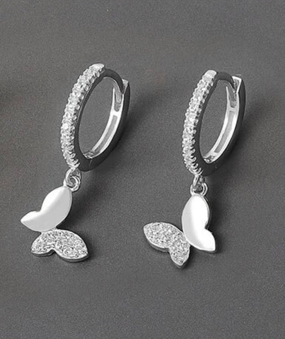 Arracada Plateada Mariposa Cristales Colgante Plata 925