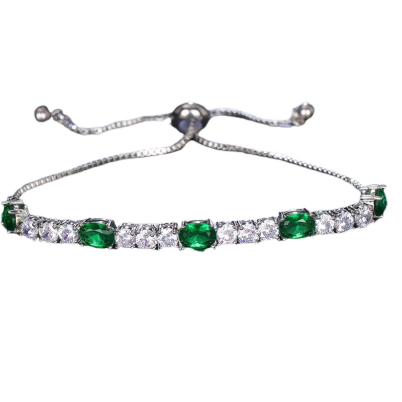 Pulsera PLATEADA Ajustable Cristales verdes con Cristal