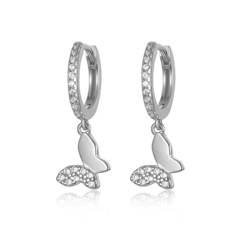 Arracada Plateada Mariposa Cristales Colgante Plata 925