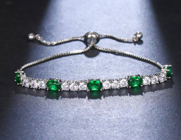 Pulsera PLATEADA Ajustable Cristales verdes con Cristal